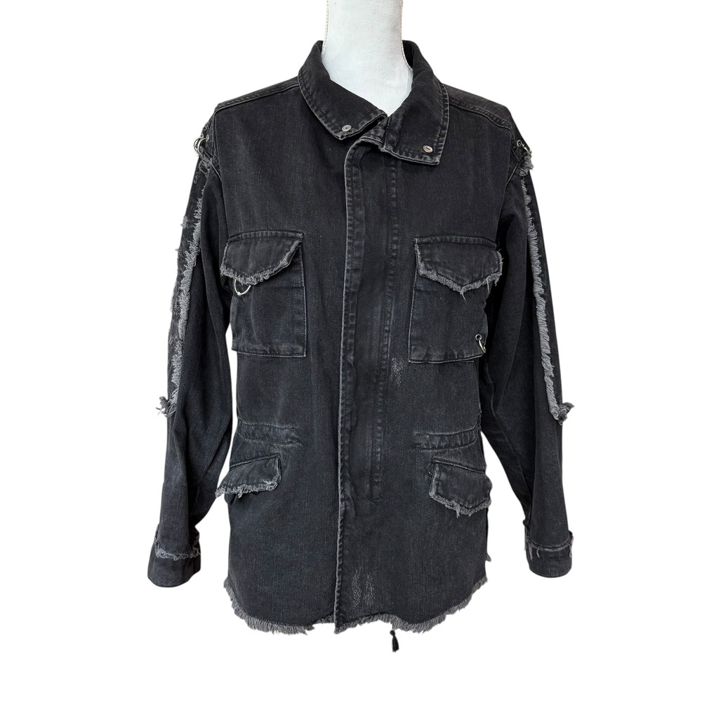 Zara Woman Denim Jacket Distressed Frayed Edges Silver Rings Black Size Medium‎